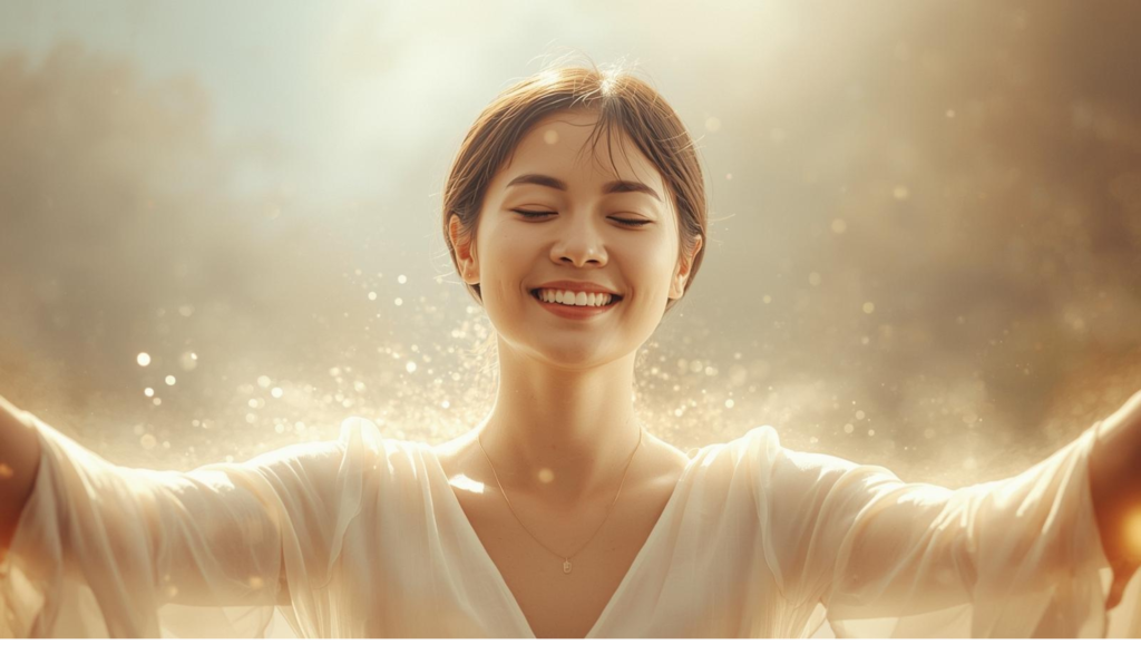 imagem de uma mulher de olhos fechados, feliz.
